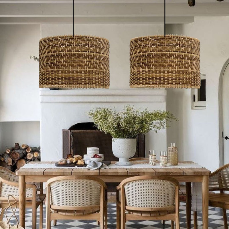 Montecito Drum Shape Rattan Pendant Light for Kitchen Islands-[Modern pendant lighting for bedroom and living space]-Demolights UK