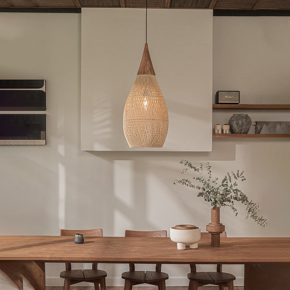 Wabi-sabi Retro Living Room Rattan Pendant Light Solid Wood Restaurant Lampshade-[Modern pendant lighting for bedroom and living space]-Demolights UK