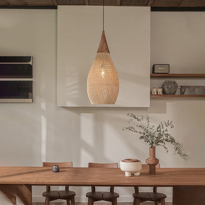 Wabi-sabi Retro Living Room Rattan Pendant Light Solid Wood Restaurant Lampshade-[Modern pendant lighting for bedroom and living space]-Demolights UK