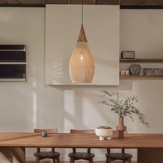Wabi-sabi Retro Living Room Rattan Pendant Light Solid Wood Restaurant Lampshade-[Modern pendant lighting for bedroom and living space]-Demolights UK