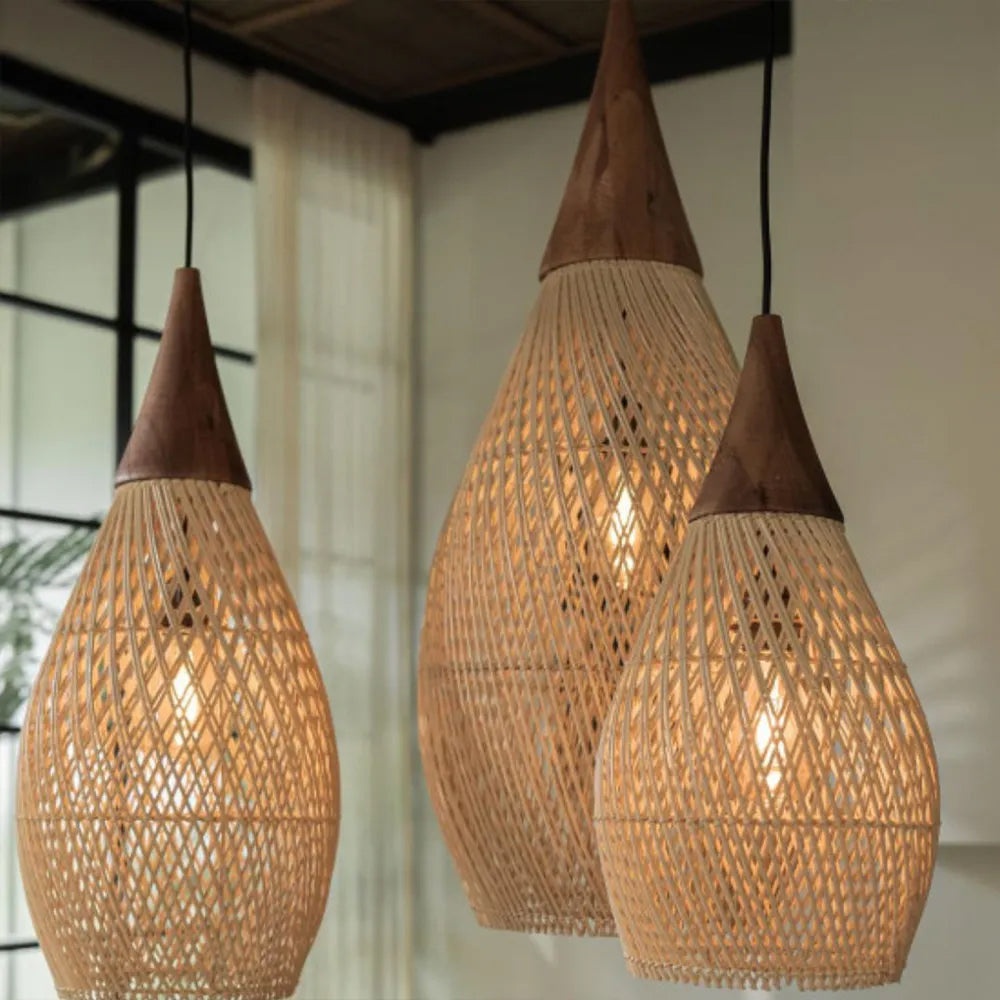 Wabi-sabi Retro Living Room Rattan Pendant Light Solid Wood Restaurant Lampshade