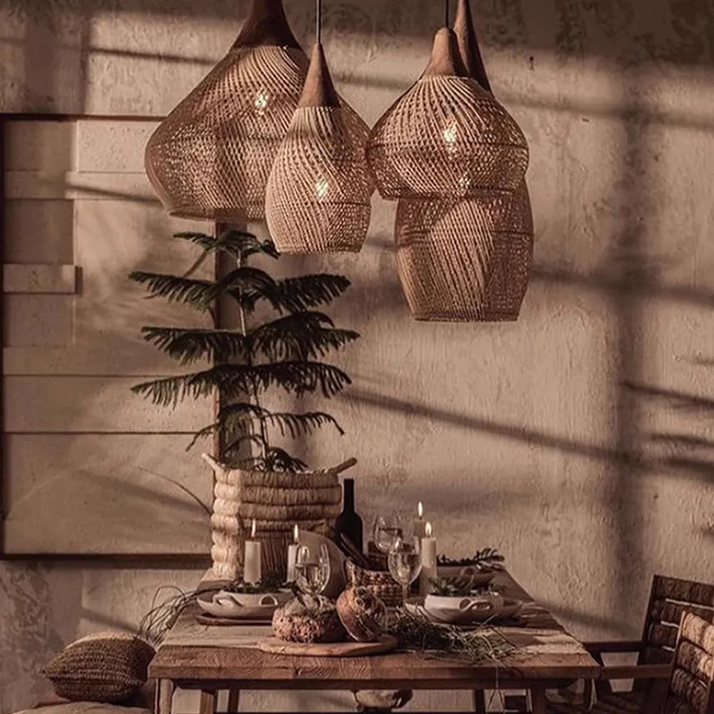 Wabi-sabi Retro Living Room Rattan Pendant Light Solid Wood Restaurant Lampshade