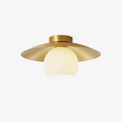 Modern Brass Cap Hallway Ceiling Light - Mid-Century Opal Glass Flush Mount