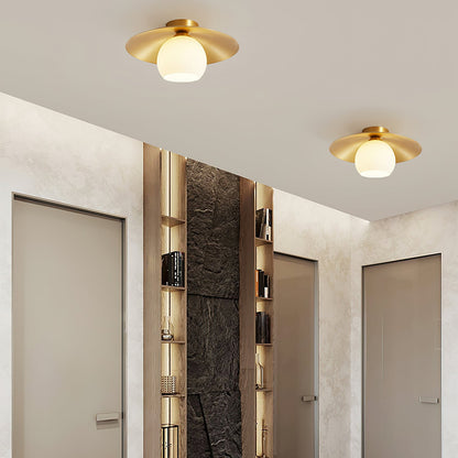 Modern Brass Cap Hallway Ceiling Light - Mid-Century Opal Glass Flush Mount