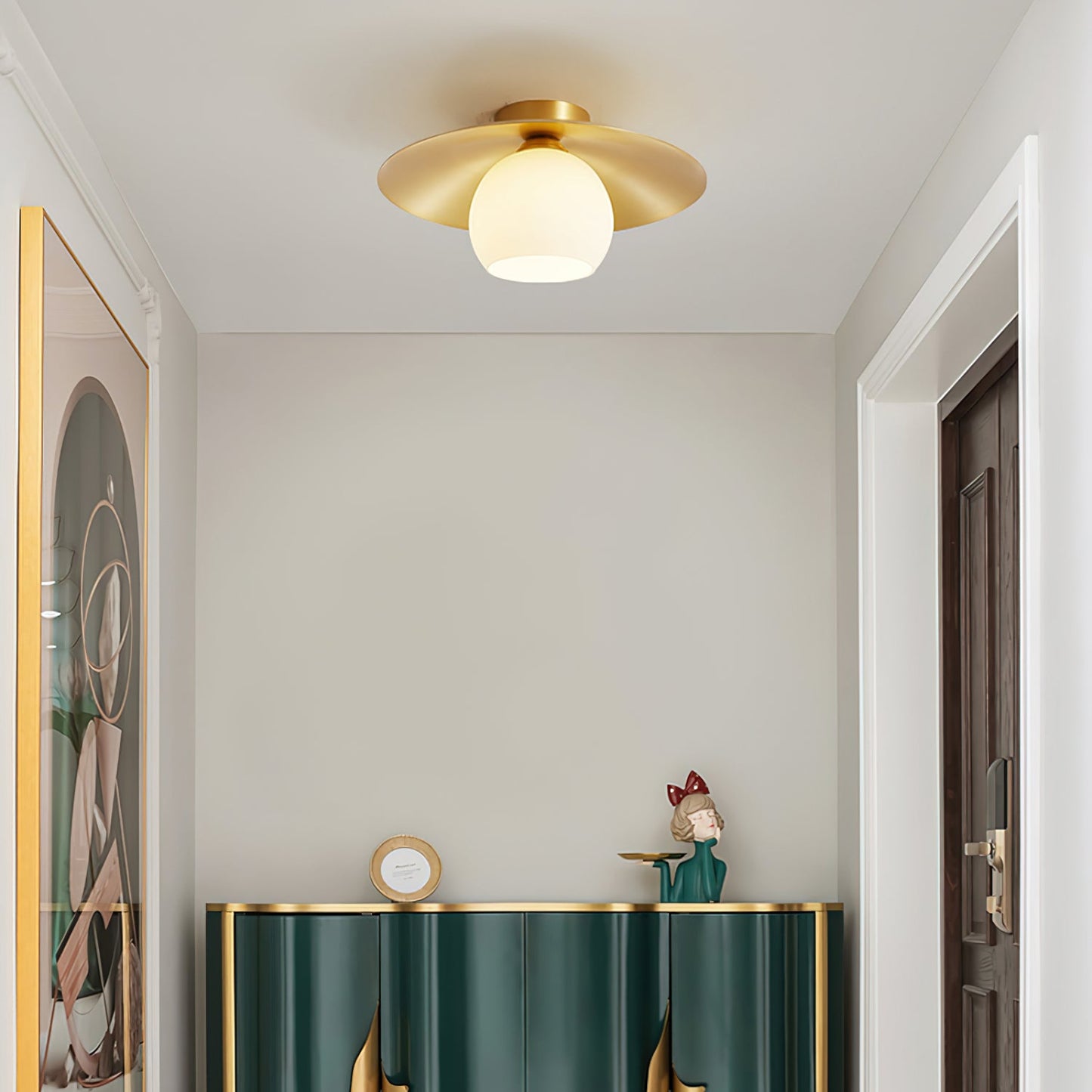 Modern Brass Cap Hallway Ceiling Light - Mid-Century Opal Glass Flush Mount