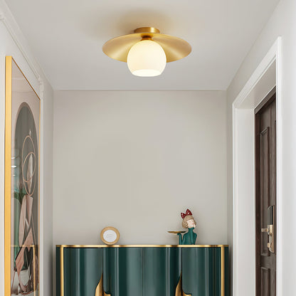 Modern Brass Cap Hallway Ceiling Light - Mid-Century Opal Glass Flush Mount