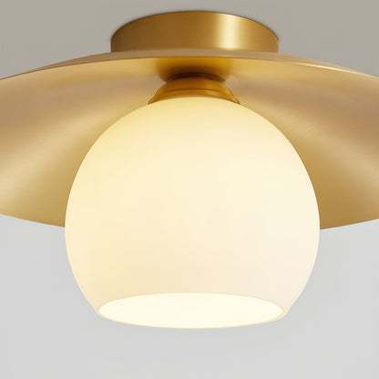Modern Brass Cap Hallway Ceiling Light - Mid-Century Opal Glass Flush Mount
