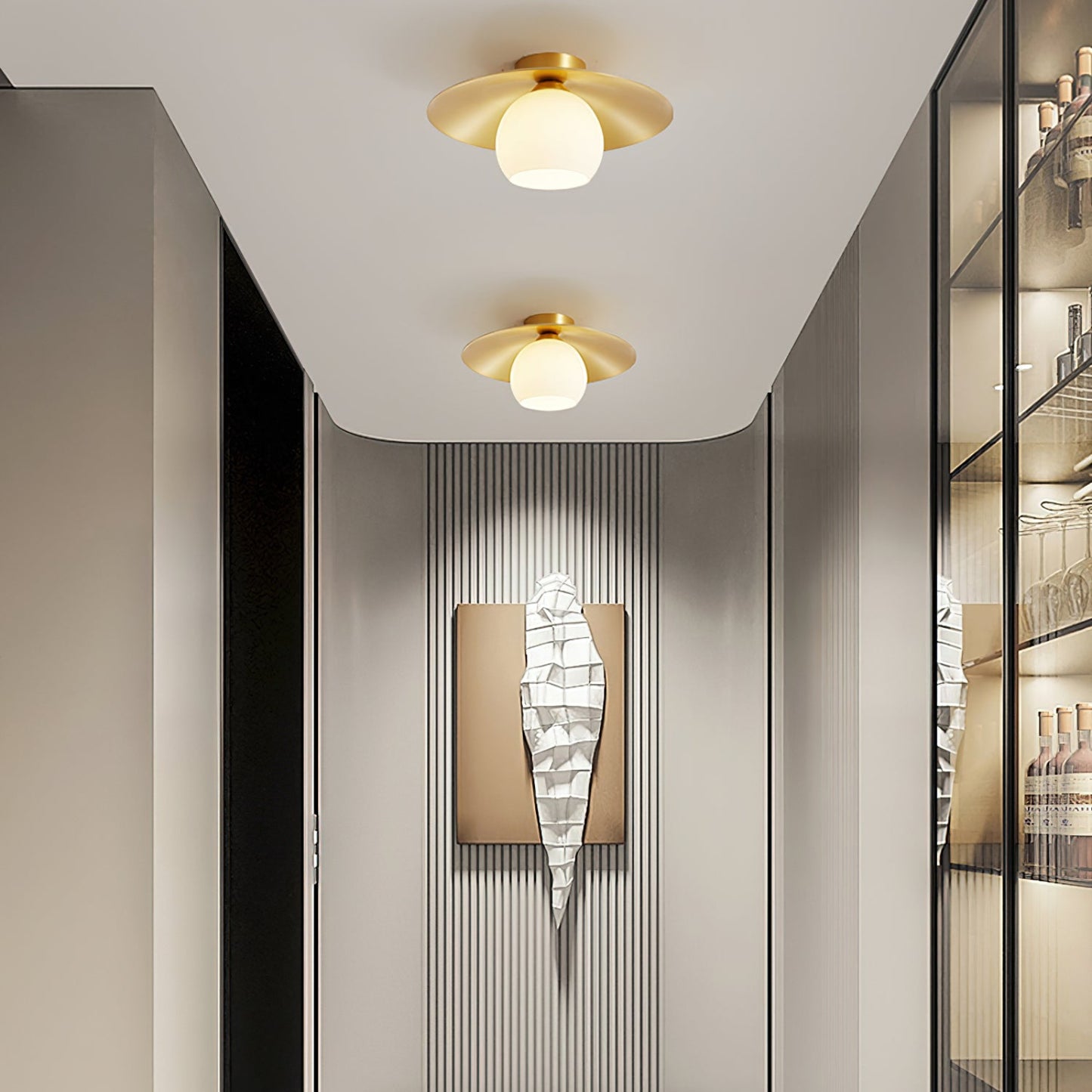 Modern Brass Cap Hallway Ceiling Light - Mid-Century Opal Glass Flush Mount