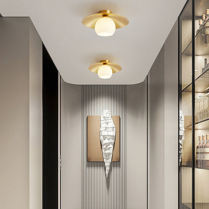 Modern Brass Cap Hallway Ceiling Light - Mid-Century Opal Glass Flush Mount