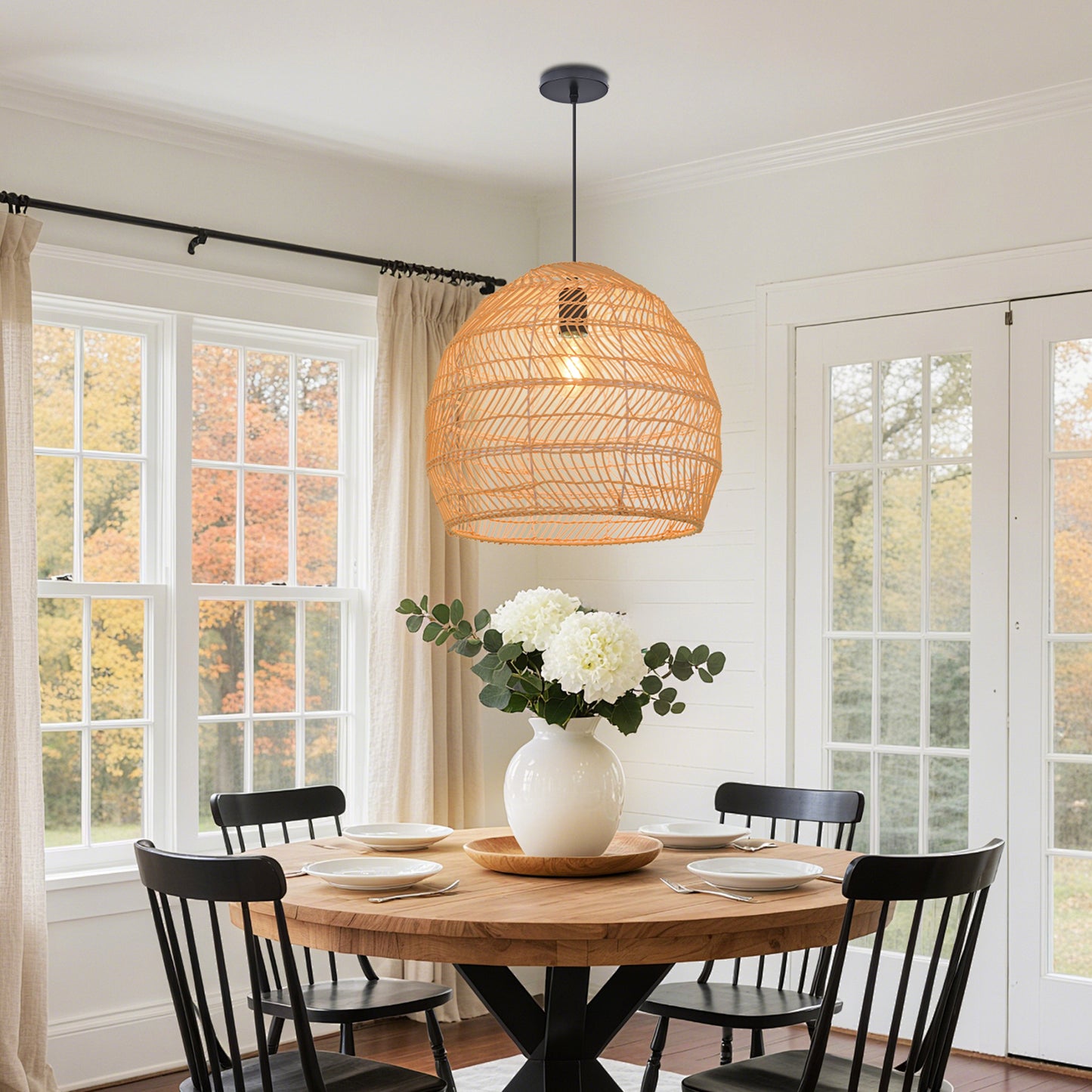 Hand-Woven Rattan Dome Pendant Light - Organic Boho Wicker Chandelier