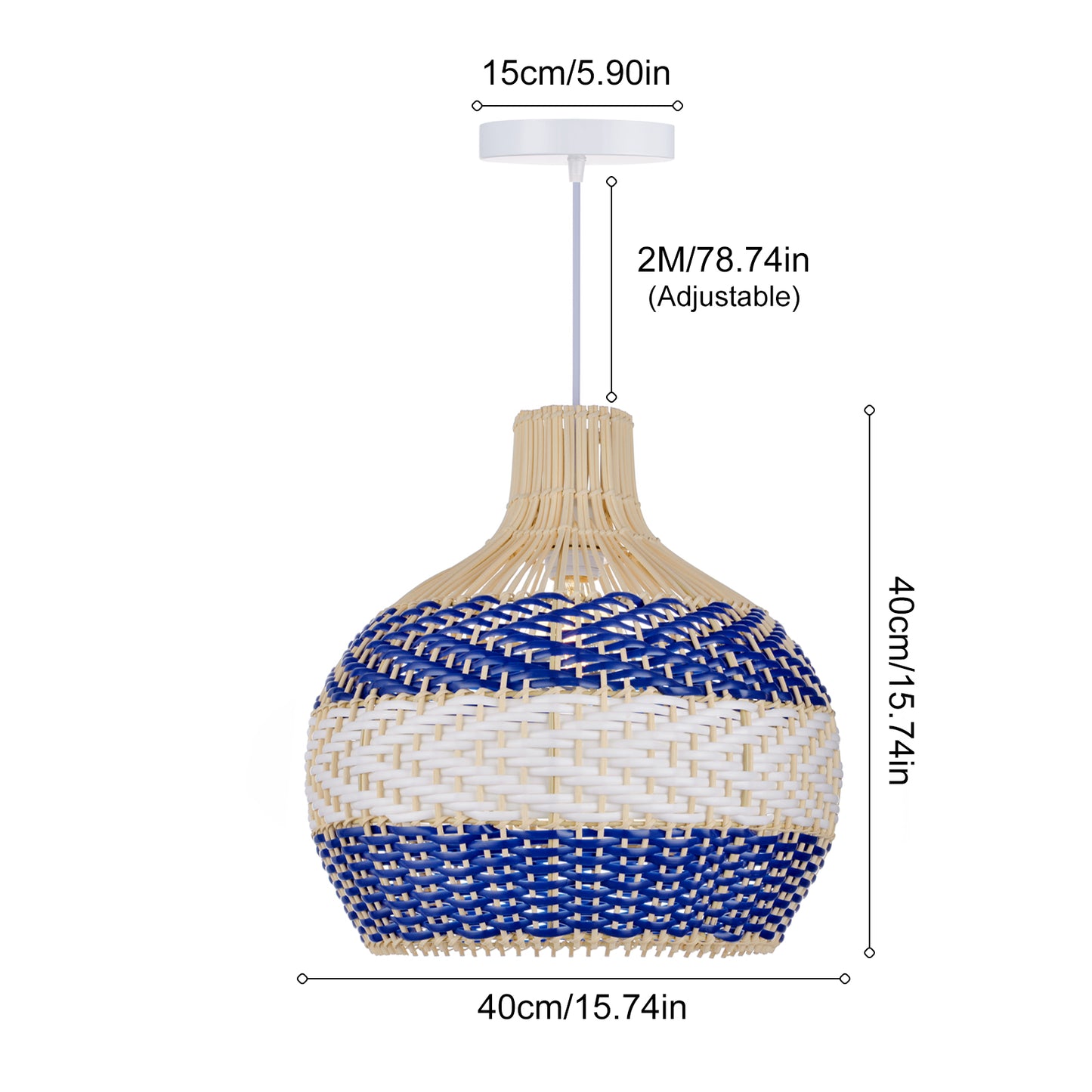 Blue & White Striped Rattan Pendant Light - Woven Nautical Lamp