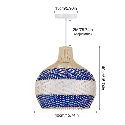 Blue & White Striped Rattan Pendant Light - Woven Nautical Lamp