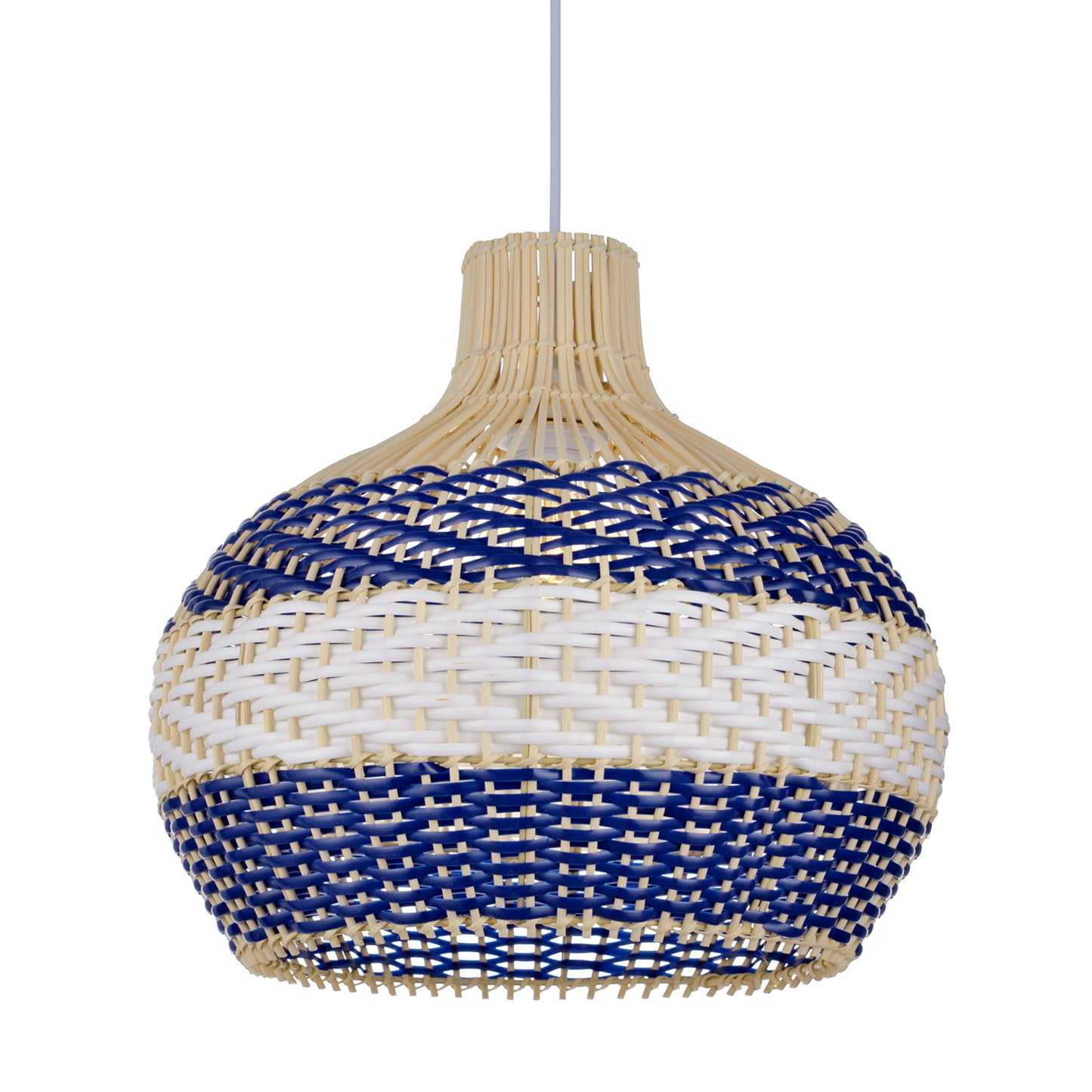 Blue & White Striped Rattan Pendant Light - Woven Nautical Lamp