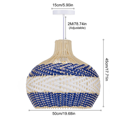 Blue & White Striped Rattan Pendant Light - Woven Nautical Lamp