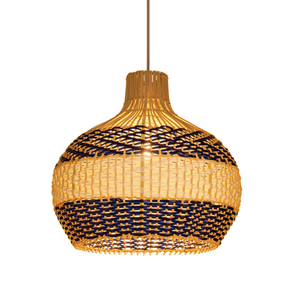 Blue & White Striped Rattan Pendant Light - Woven Nautical Lamp