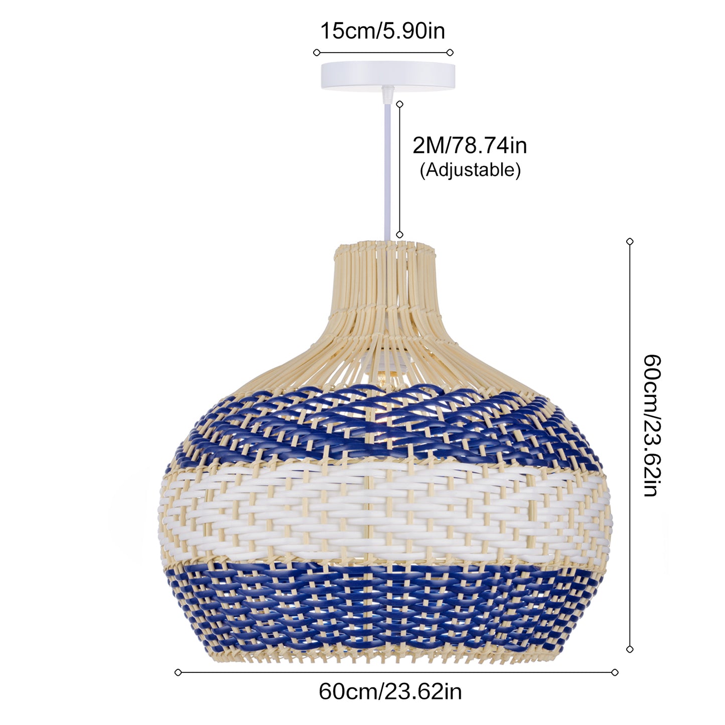 Blue & White Striped Rattan Pendant Light - Woven Nautical Lamp