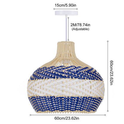Blue & White Striped Rattan Pendant Light - Woven Nautical Lamp
