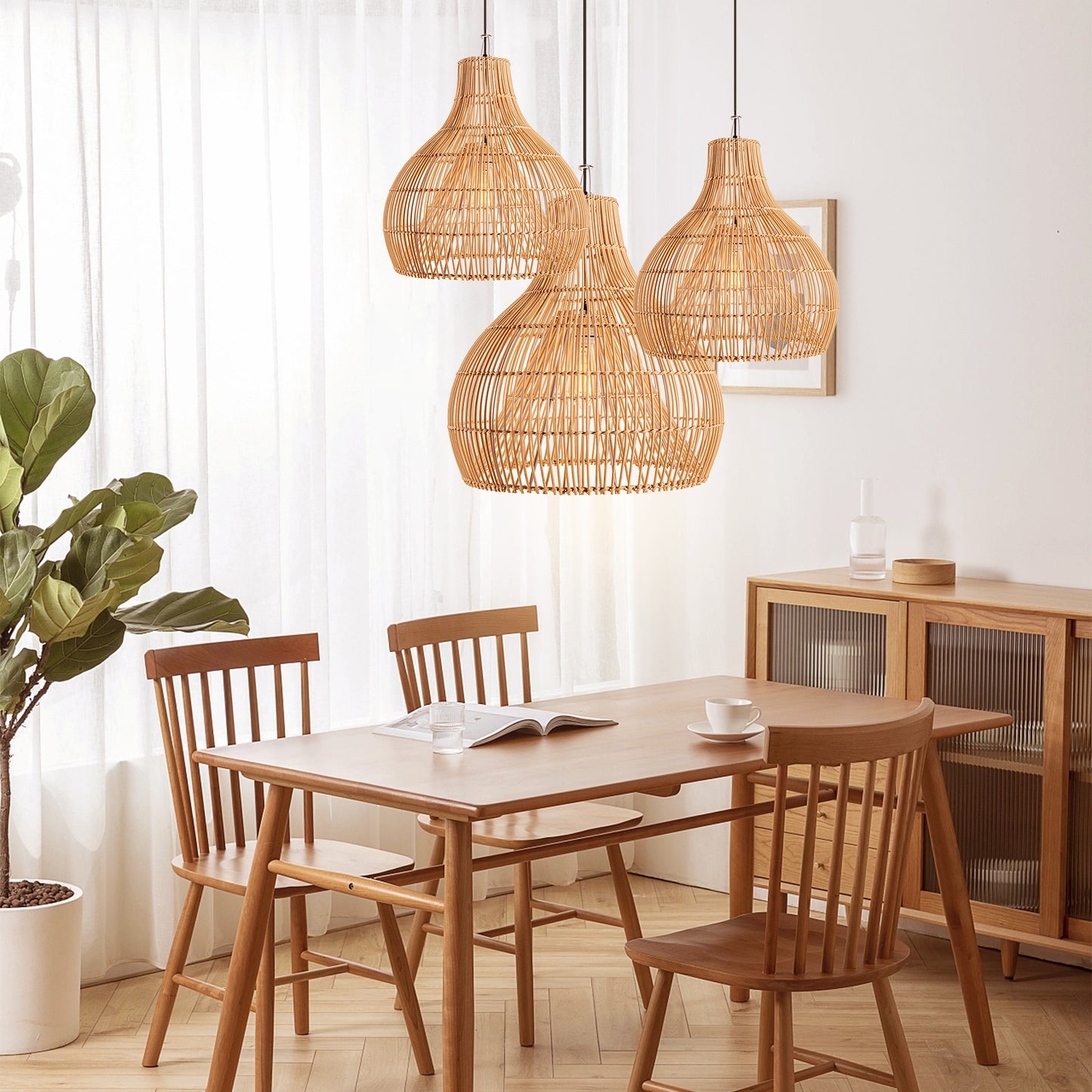 Hand-Woven Rattan Wicker Pendant Light - Japandi Gourd Chandelier