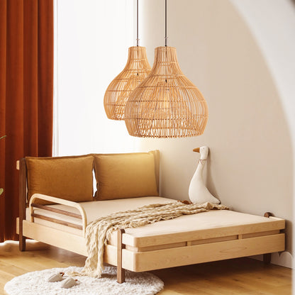 Hand-Woven Rattan Wicker Pendant Light - Japandi Gourd Chandelier