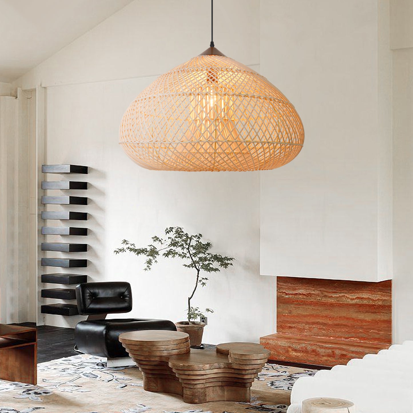 Vintage Pendant Light Rattan Drum Lampshade Hand-Woven Large Boho Basket Chandelier