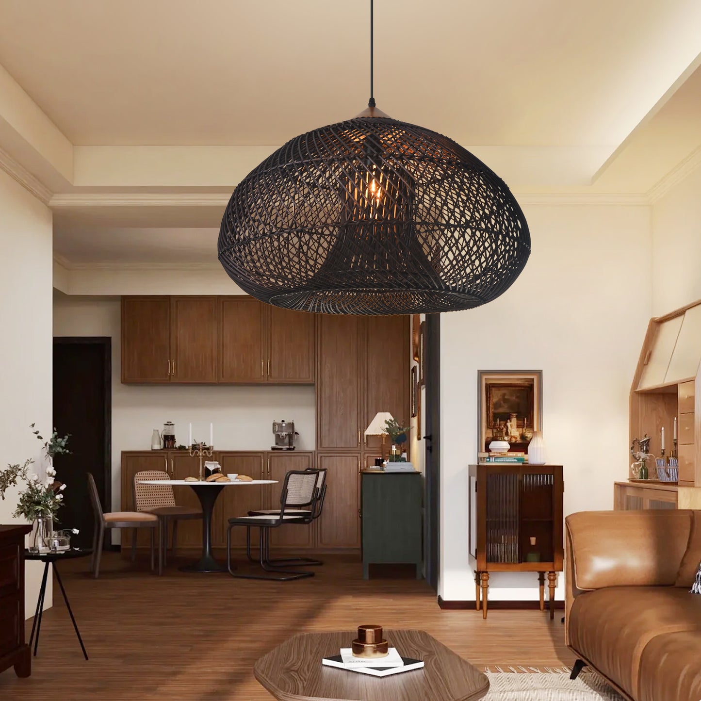 Vintage Pendant Light Rattan Drum Lampshade Hand-Woven Large Boho Basket Chandelier