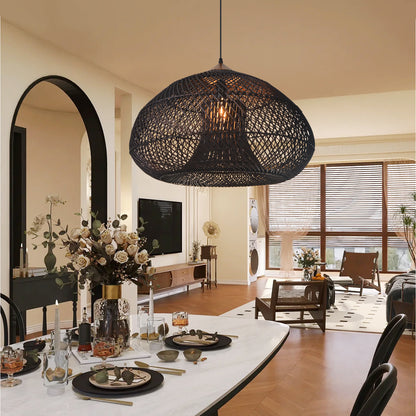 Vintage Pendant Light Rattan Drum Lampshade Hand-Woven Large Boho Basket Chandelier