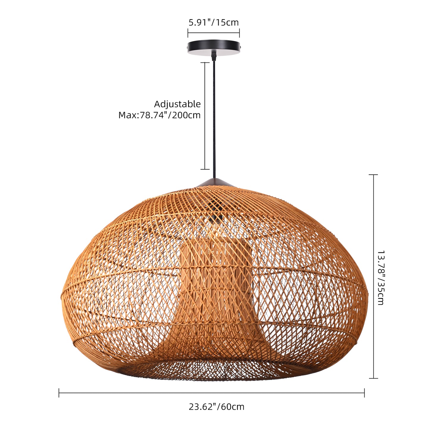 Vintage Pendant Light Rattan Drum Lampshade Hand-Woven Large Boho Basket Chandelier