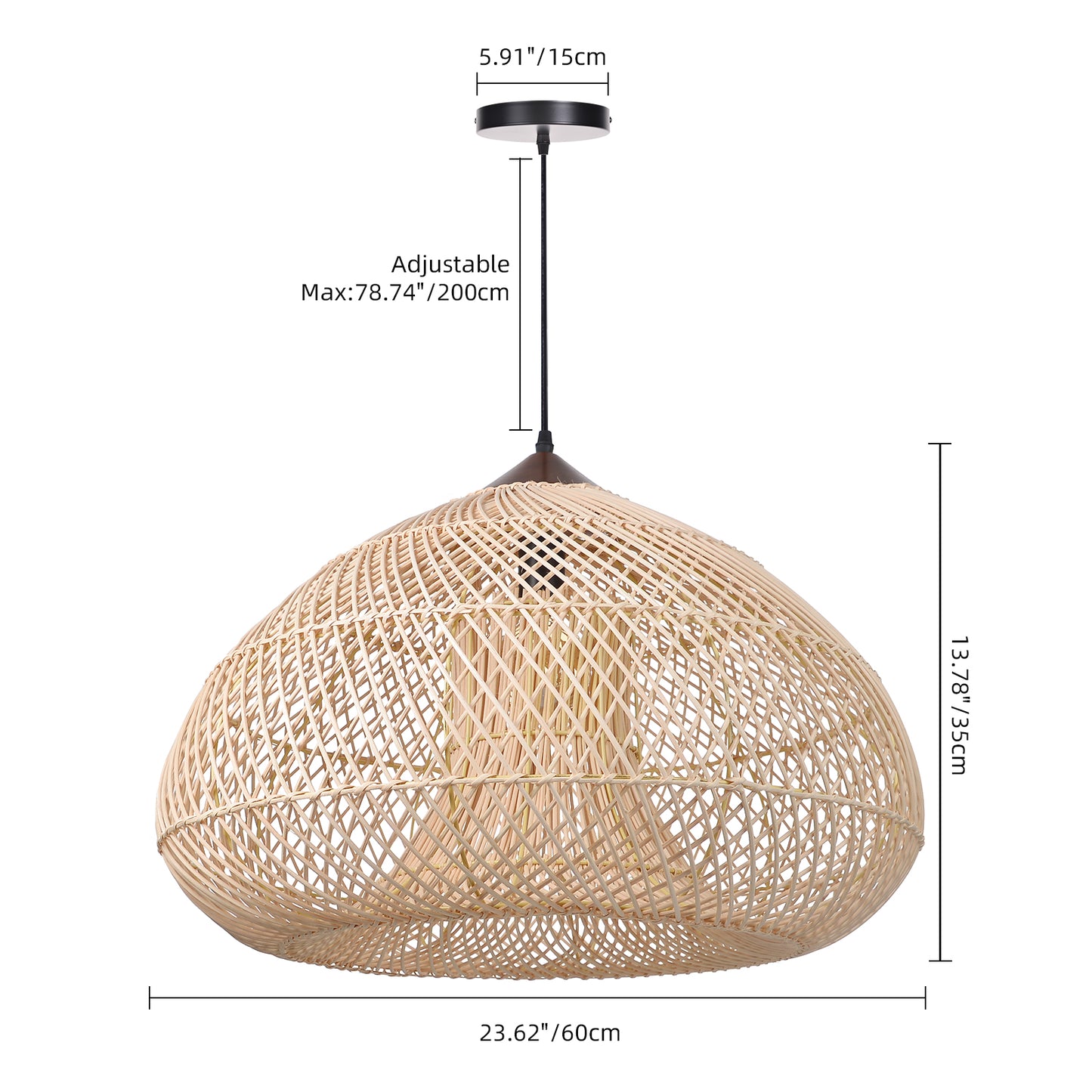 Vintage Pendant Light Rattan Drum Lampshade Hand-Woven Large Boho Basket Chandelier