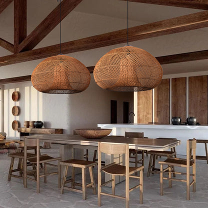 Vintage Pendant Light Rattan Drum Lampshade Hand-Woven Large Boho Basket Chandelier