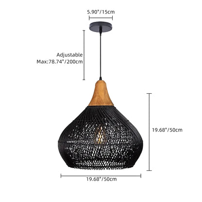 Modern Matte Black Rattan Pendant Light - Industrial Teardrop Chandelier