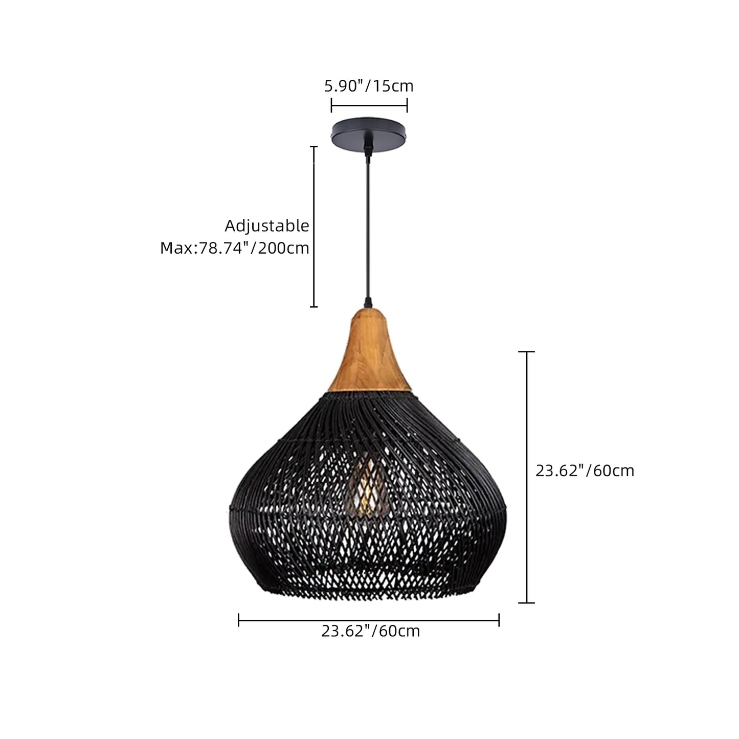 Modern Matte Black Rattan Pendant Light - Industrial Teardrop Chandelier