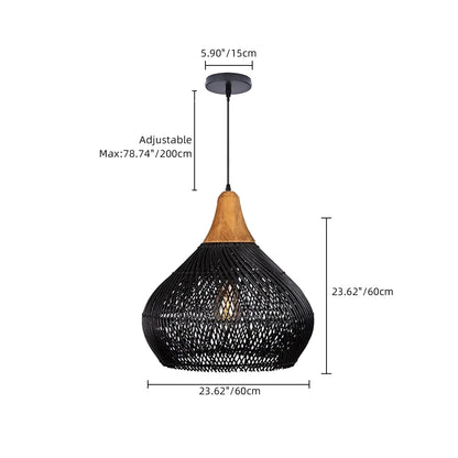 Modern Matte Black Rattan Pendant Light - Industrial Teardrop Chandelier