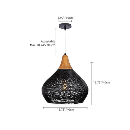 Modern Matte Black Rattan Pendant Light - Industrial Teardrop Chandelier