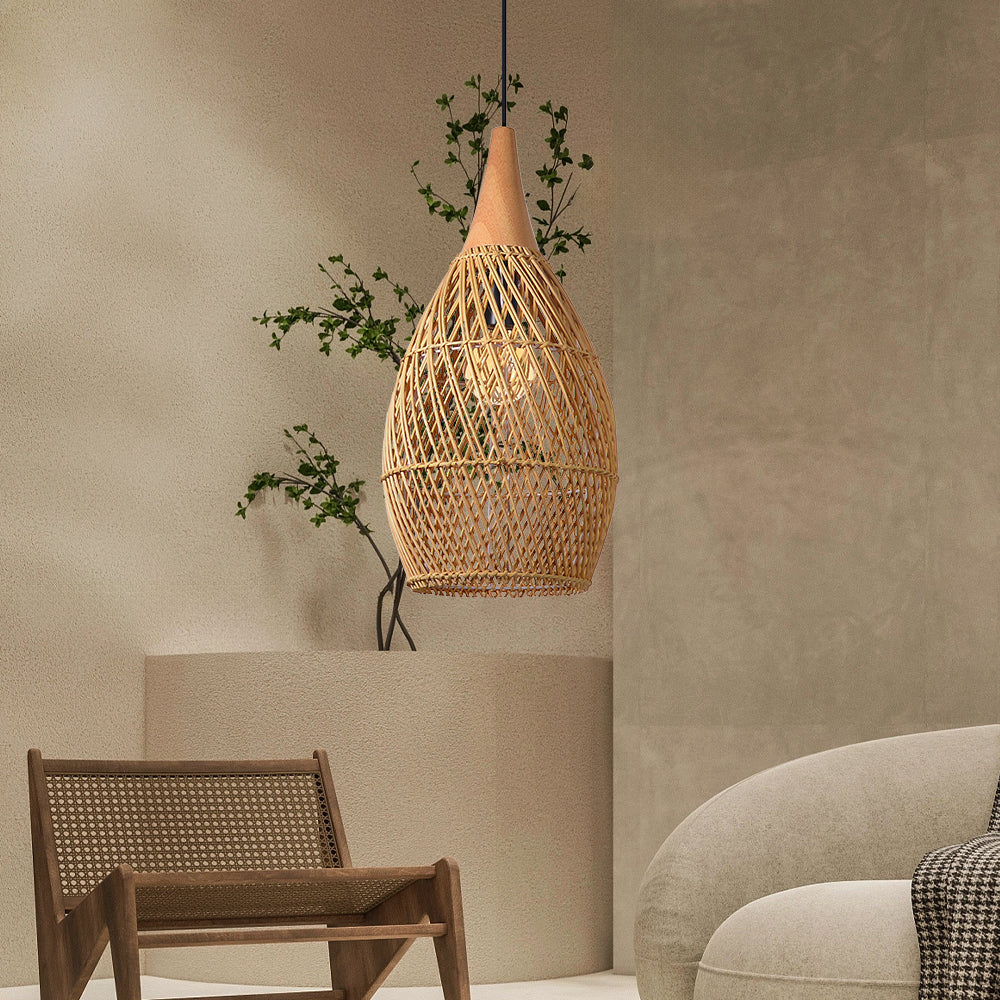 Wabi-sabi Retro Living Room Rattan Pendant Light Solid Wood Restaurant Lampshade