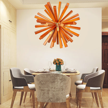Mid-Century Solid Wood Starburst Chandelier - Retro Wooden Sputnik Pendant Light