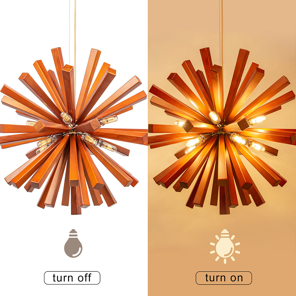Mid-Century Solid Wood Starburst Chandelier - Retro Wooden Sputnik Pendant Light