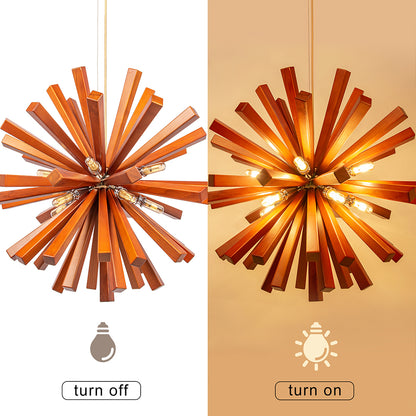 Mid-Century Solid Wood Starburst Chandelier - Retro Wooden Sputnik Pendant Light
