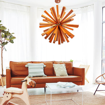 Mid-Century Solid Wood Starburst Chandelier - Retro Wooden Sputnik Pendant Light