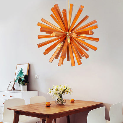 Mid-Century Solid Wood Starburst Chandelier - Retro Wooden Sputnik Pendant Light
