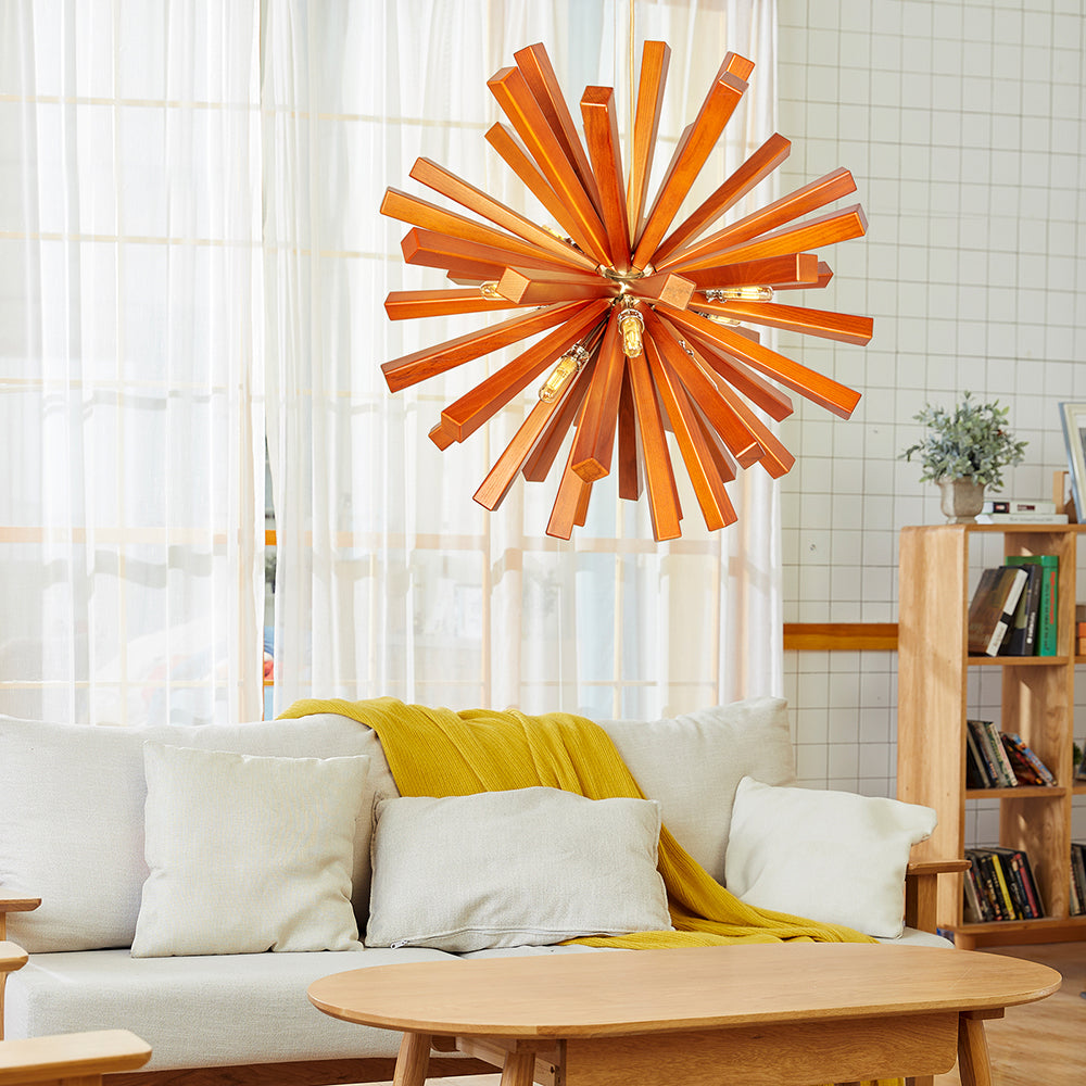 Mid-Century Solid Wood Starburst Chandelier - Retro Wooden Sputnik Pendant Light