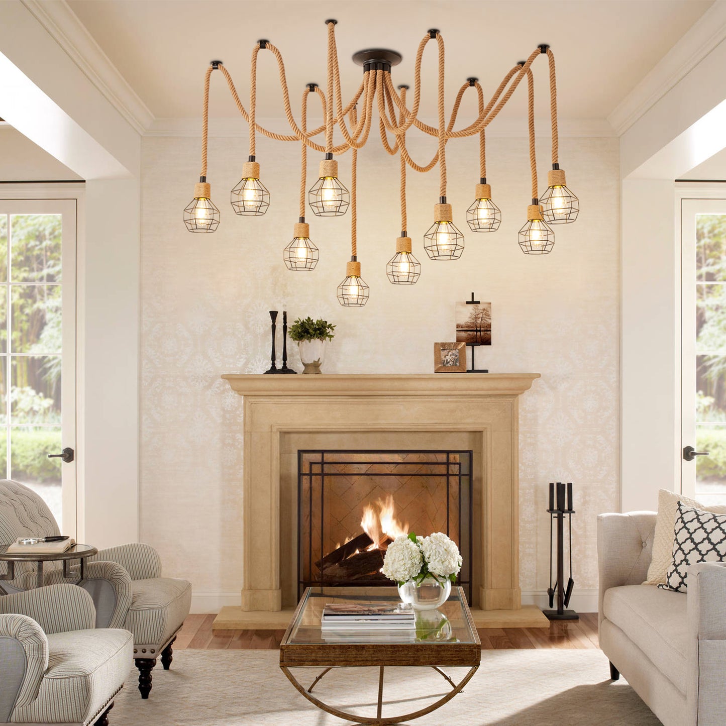 Industrial Hemp Rope Spider Chandelier - Multi-Light Cage Pendant Lamp