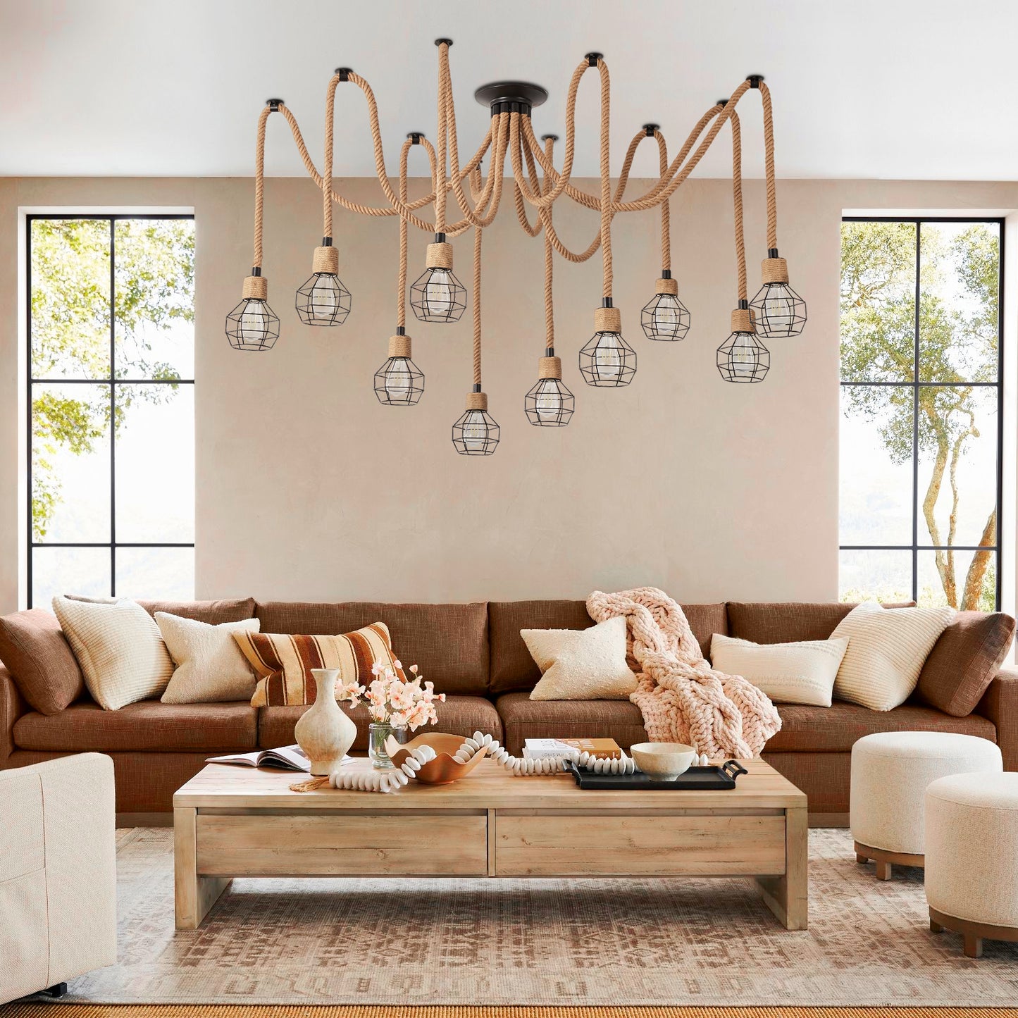 Industrial Hemp Rope Spider Chandelier - Multi-Light Cage Pendant Lamp