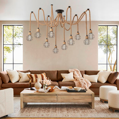 Industrial Hemp Rope Spider Chandelier - Multi-Light Cage Pendant Lamp