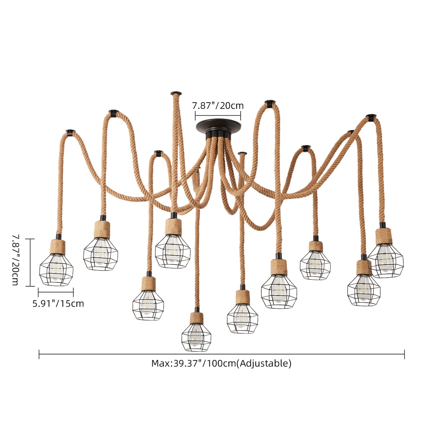 Industrial Hemp Rope Spider Chandelier - Multi-Light Cage Pendant Lamp