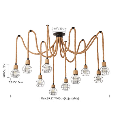 Industrial Hemp Rope Spider Chandelier - Multi-Light Cage Pendant Lamp