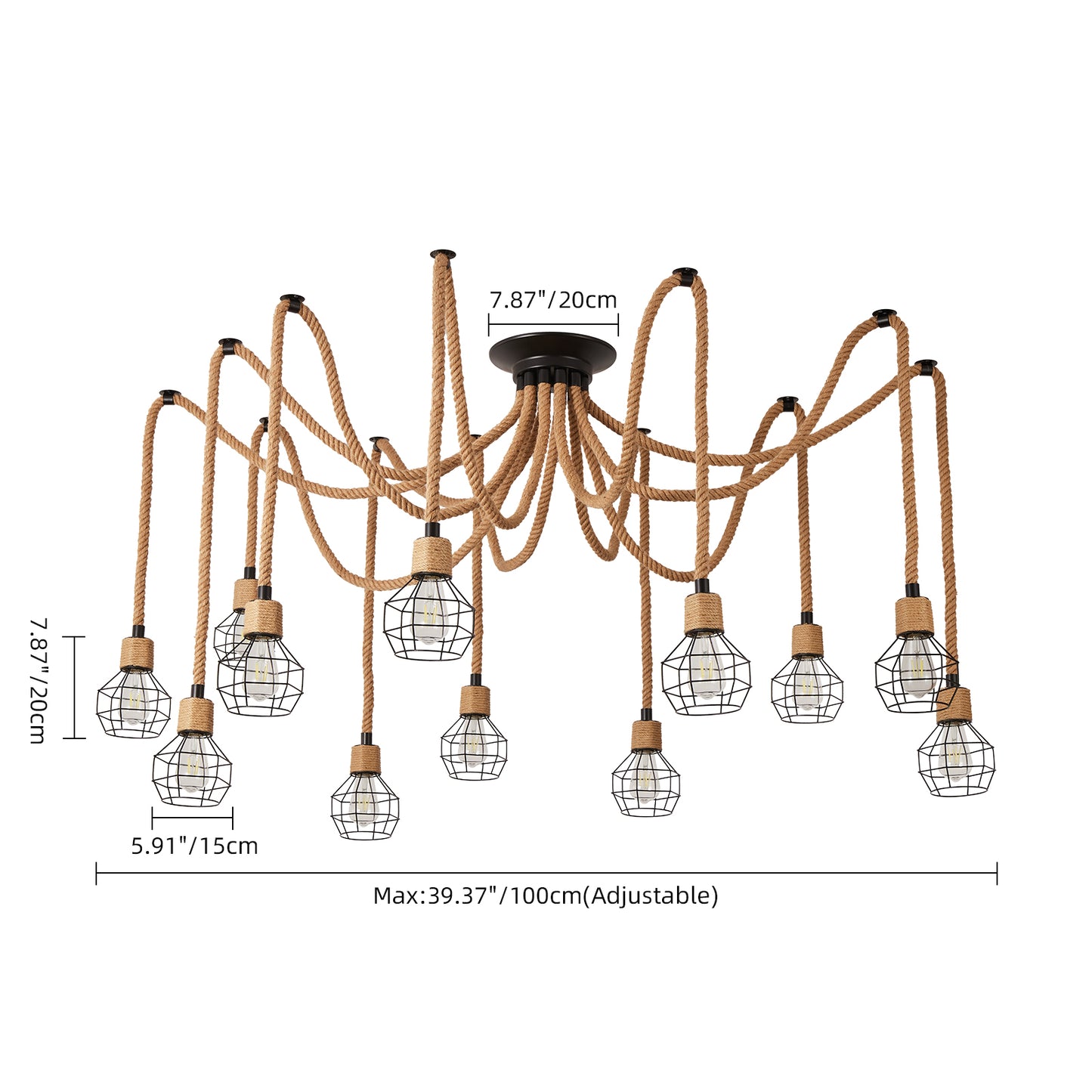 Industrial Hemp Rope Spider Chandelier - Multi-Light Cage Pendant Lamp