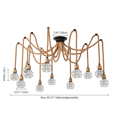 Industrial Hemp Rope Spider Chandelier - Multi-Light Cage Pendant Lamp