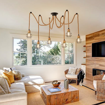 Industrial Hemp Rope Spider Chandelier - Multi-Light Cage Pendant Lamp