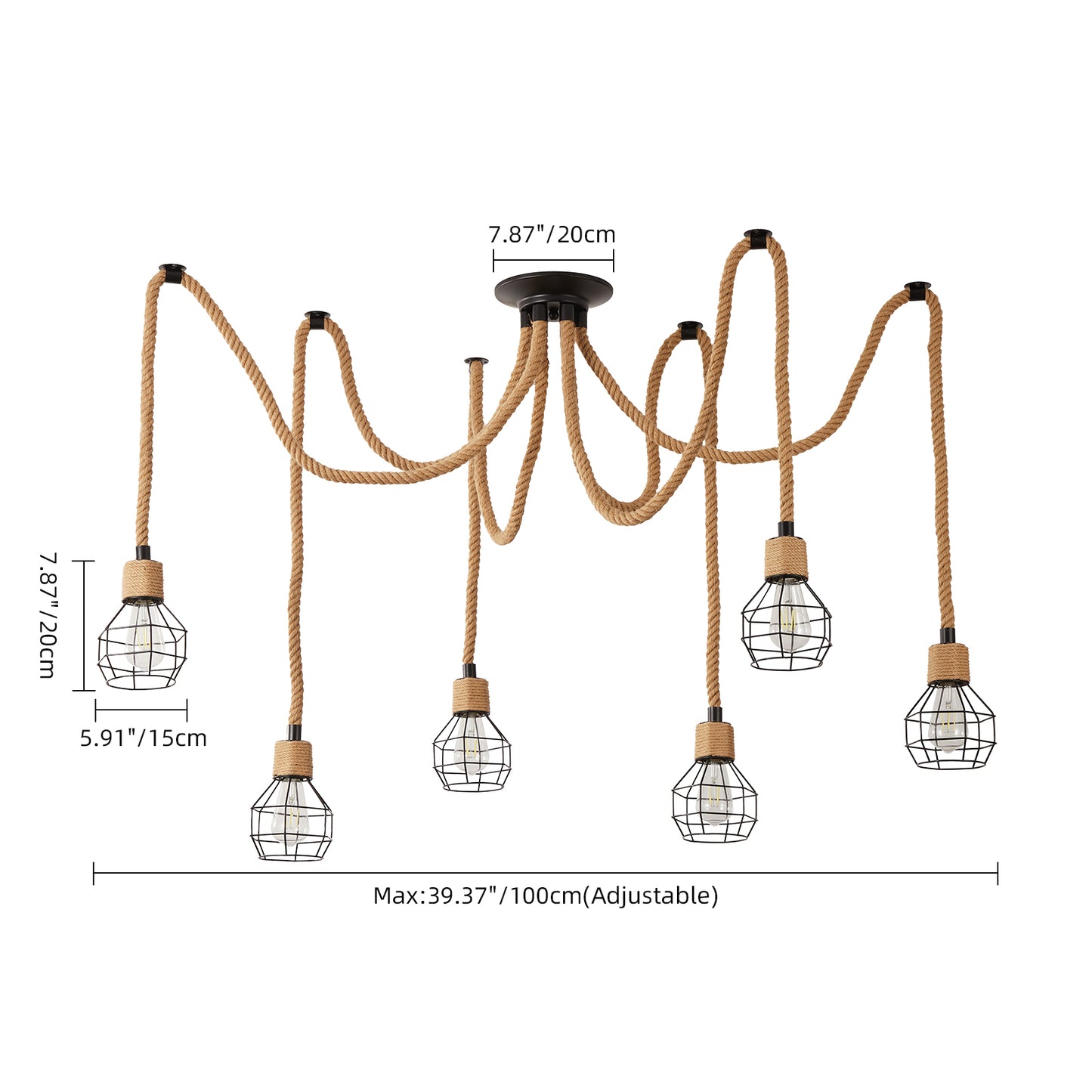 Industrial Hemp Rope Spider Chandelier - Multi-Light Cage Pendant Lamp