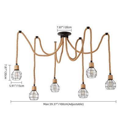 Industrial Hemp Rope Spider Chandelier - Multi-Light Cage Pendant Lamp